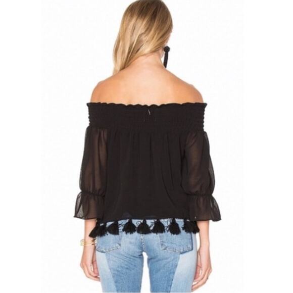 MISA Los Angeles Fontaine Black Off the Shoulder Pom Pom Tassel 3/4 Sleeve Top - Picture 2 of 11